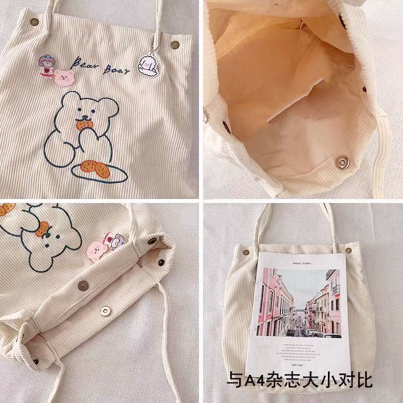 Bag handbag printed bear cute one-shoulder canvas bag Korean style college style female student shopping wild velvet female shopping