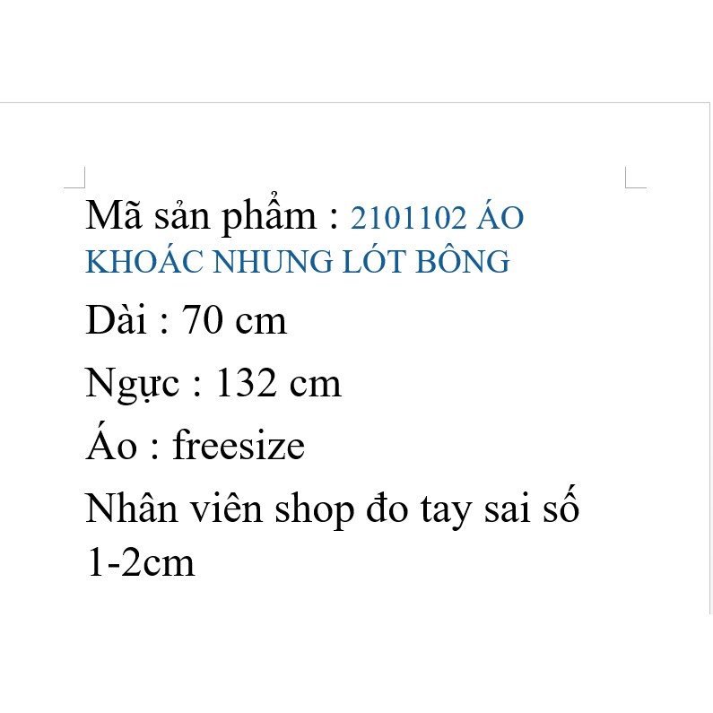 2101102 ÁO KHOÁC NHUNG LÓT BÔNG | BigBuy360 - bigbuy360.vn