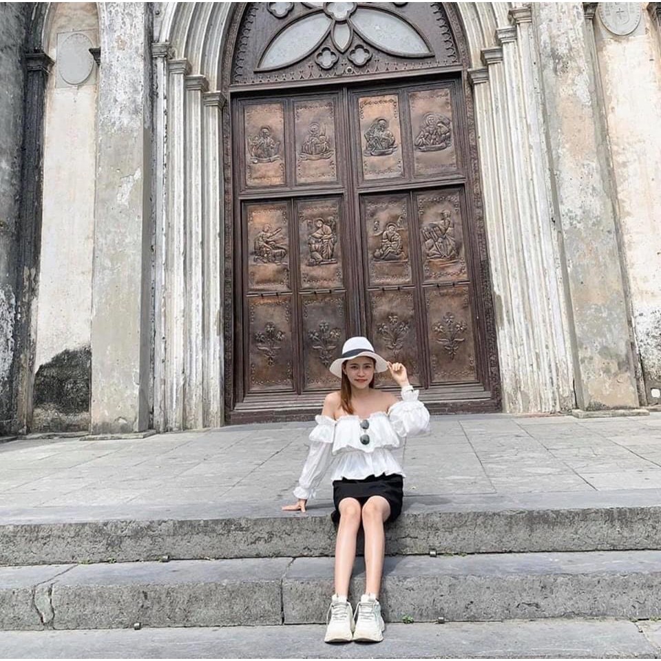 áo trễ vai tầng bèo tay dài xinh chất kate mềm