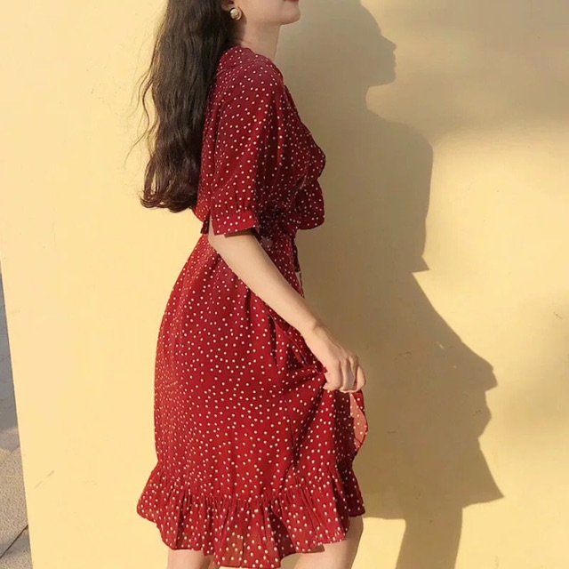 Váy đầm lửng đỏ chấm bi kiểu dáng vintage nữ tính nổi bật (Ms C11)