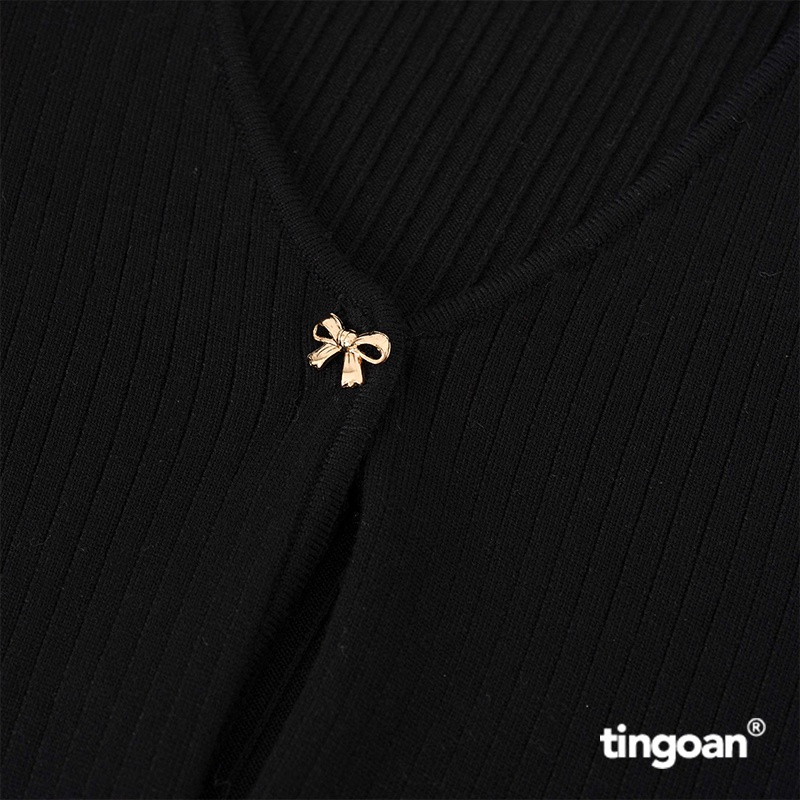 TINGOAN® - Áo set len xù mỏng ngắn tay dáng lửng tặng kèm quây 2 dây đen tingoan SORA TOP/BL
