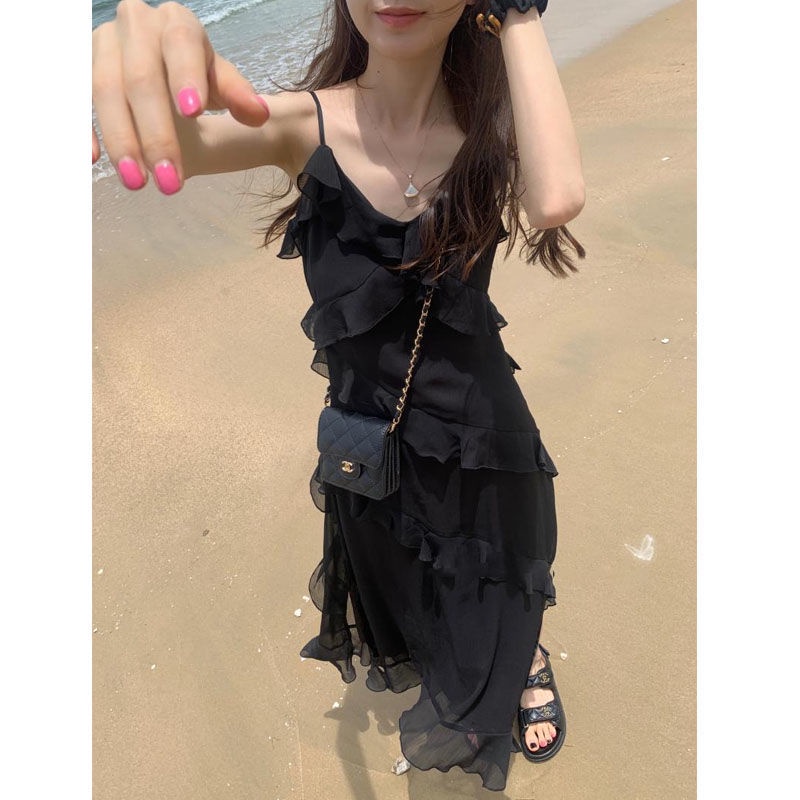 Đầm Lửng Hai Dây Mỏng Màu Đen Thời Trang Mùa Hè 2022 Dành Cho Bạn Nữ