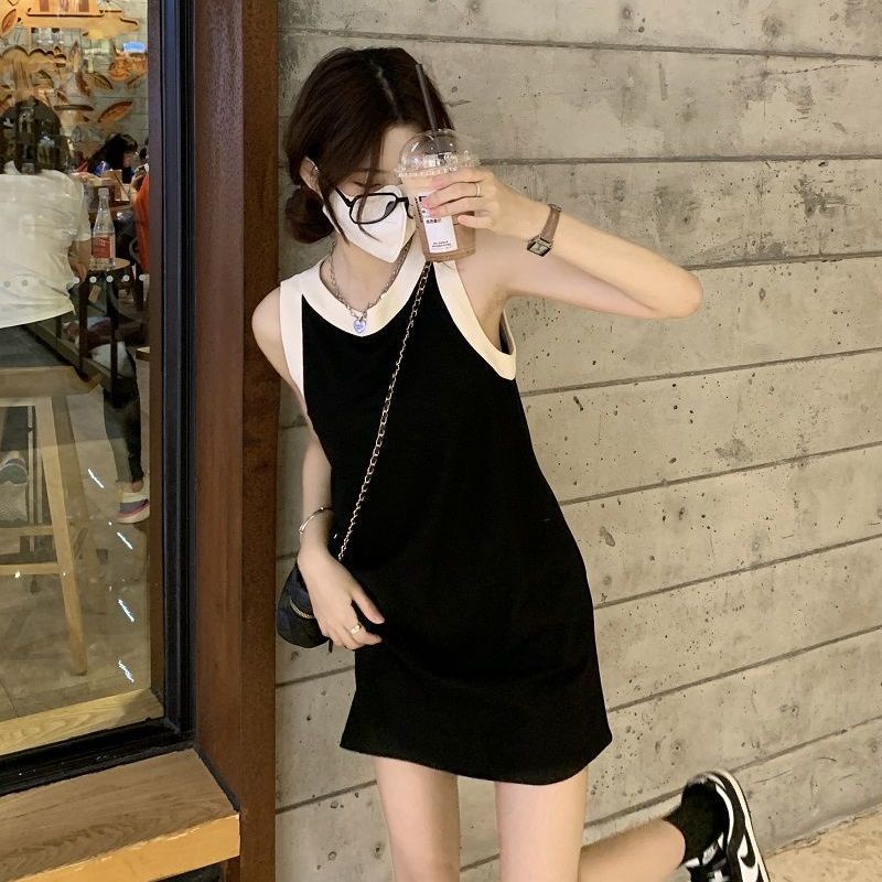 Jiashucheng Đầm Chữ A Sát Nách Ôm Eo Màu Sắc Tương Phản Thời Trang Mùa Hè Cho Nữ