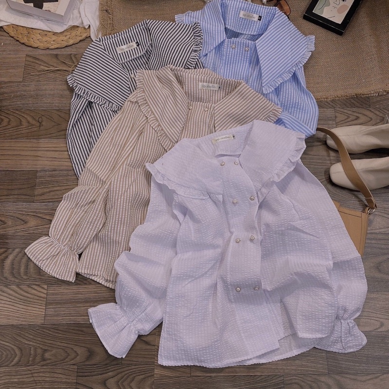 Áo sơ mi chất đũi xốp, cổ bèo phong cách tiểu thư