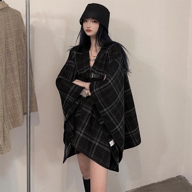 Áo choàng len kẻ sọc caro phong cách Hàn Quốc chất lượng cao cho nữ