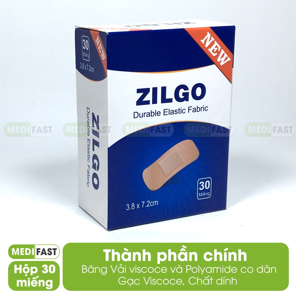 Băng cá nhân y tế Zilgo hộp 30 miếng cỡ to 3.8 x 7.2 cm tránh nhiễm trùng vết thương, rách da do dao kéo, ngã tai nạn