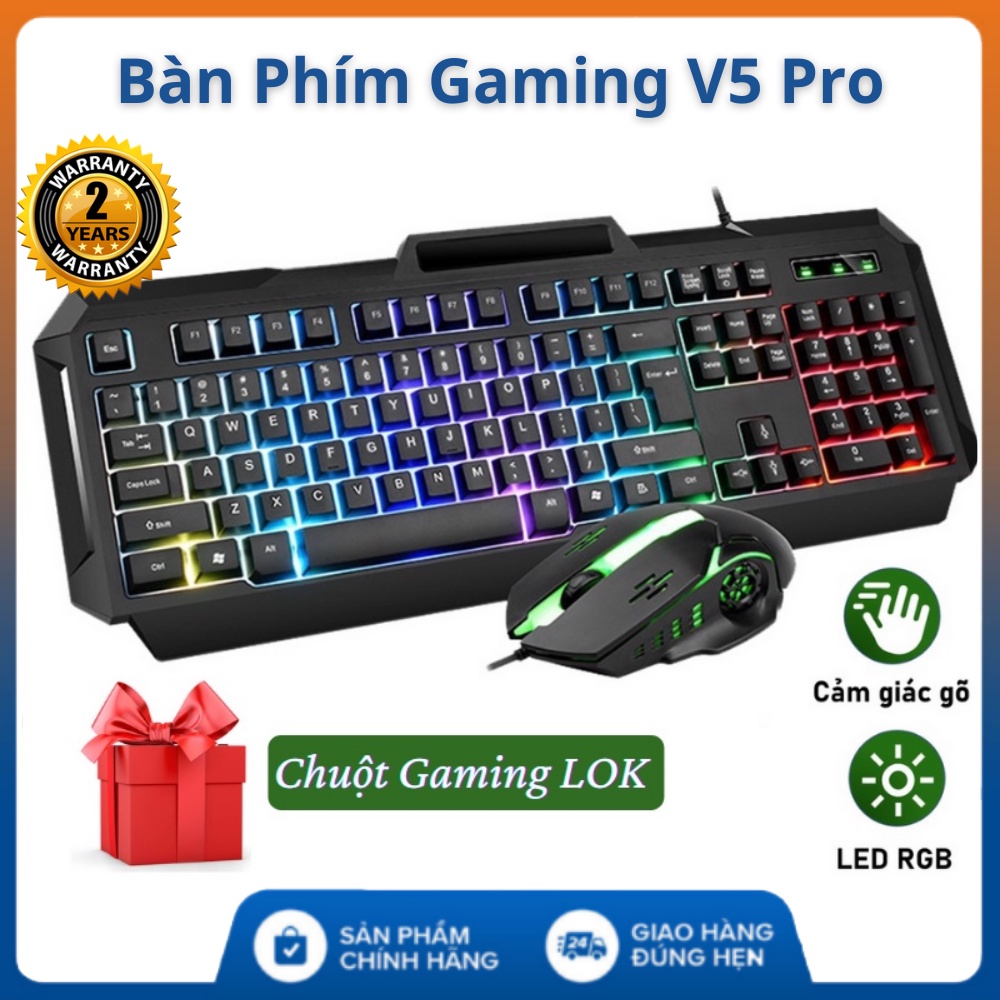 Bàn phím Gaming cơ RGB V5Pro /V4 tặng chuột gaming - Bàn phím cơ led 7 màu, chống nước, chuyên game, phím khắc laze