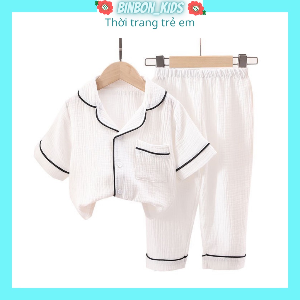 Bộ quần áo pijama cho bé gái Binbon kids, bộ đồ ngủ pizama mặc nhà cho bé gái trai chất Đũi nhăn dài tay từ 7-28kg