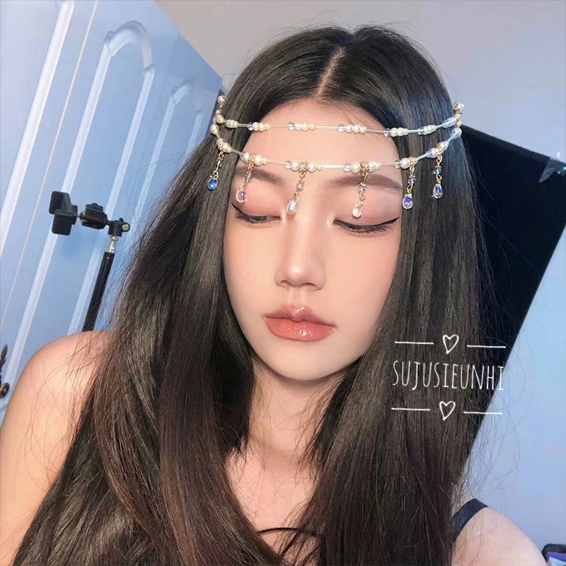 dây cài trán cosplay cổ trang tạo hình chuỗi ngọc 2 tầng trang trí tóc