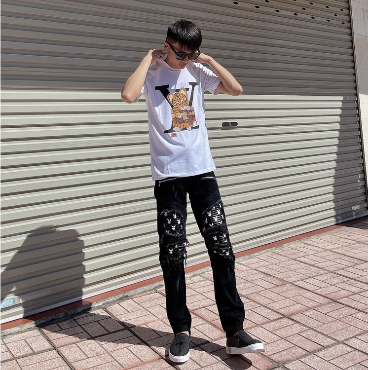 Quần Jean Amiri Nam Play Boy, Quần Bò Amiri Rách Vá Da Nhăn In Thỏ Quần Biker Cao Cấp Vải Bò Không Phai Màu