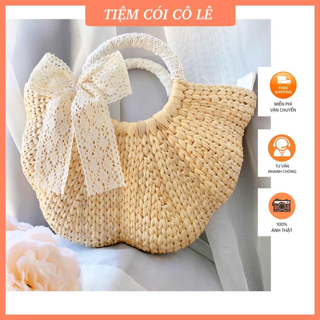 Túi cói lục bình dáng hoa nơ ren size 28cm đi biển, chụp ảnh, decor xinh - Tiệm Cói Cô Lê