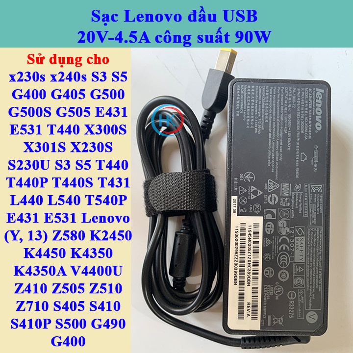 Sạc Laptop Lenovo 20V - 4.5A 90W chân vuông - USB dùng cho Lenovo T440 E531 X240 X230 G500 T540 G400 G500