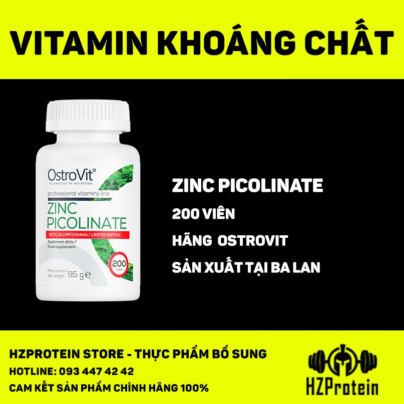 OSTROVIT ZINC PICOLINATE - VIÊN UỐNG BỔ SUNG KẼM TĂNG CƯỜNG HỆ MIỄN DỊCH, GIẢM VIÊM MỤN (200 VIÊN)