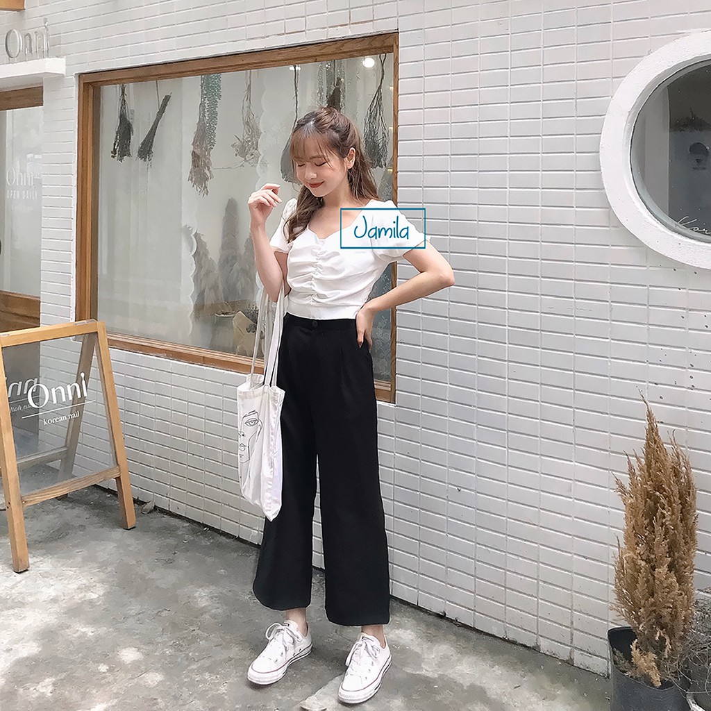 [Đồ thiết kế] Set áo croptop nhúm ngực & quần suông culottes màu đen | BigBuy360 - bigbuy360.vn