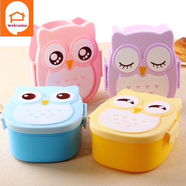 Hộp cơm cú mèo cho bé siêu cute.( tặng kèm bộ thìa dĩa)