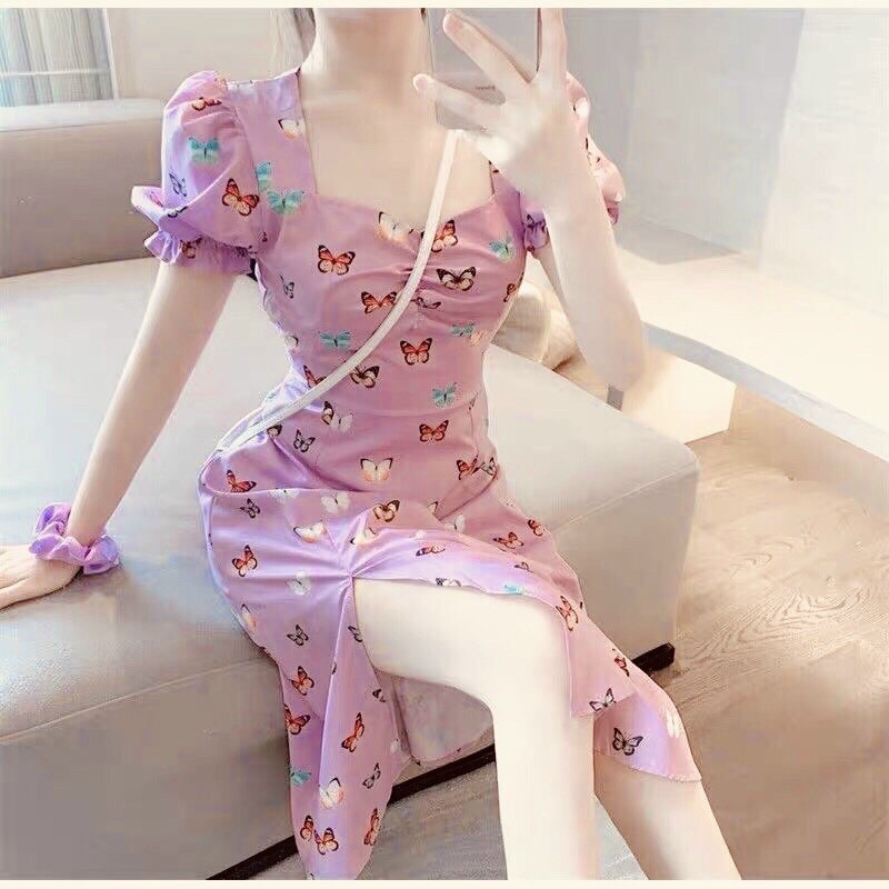 đầm họa tiết xẻ tà cổ vuông in tay ngắn