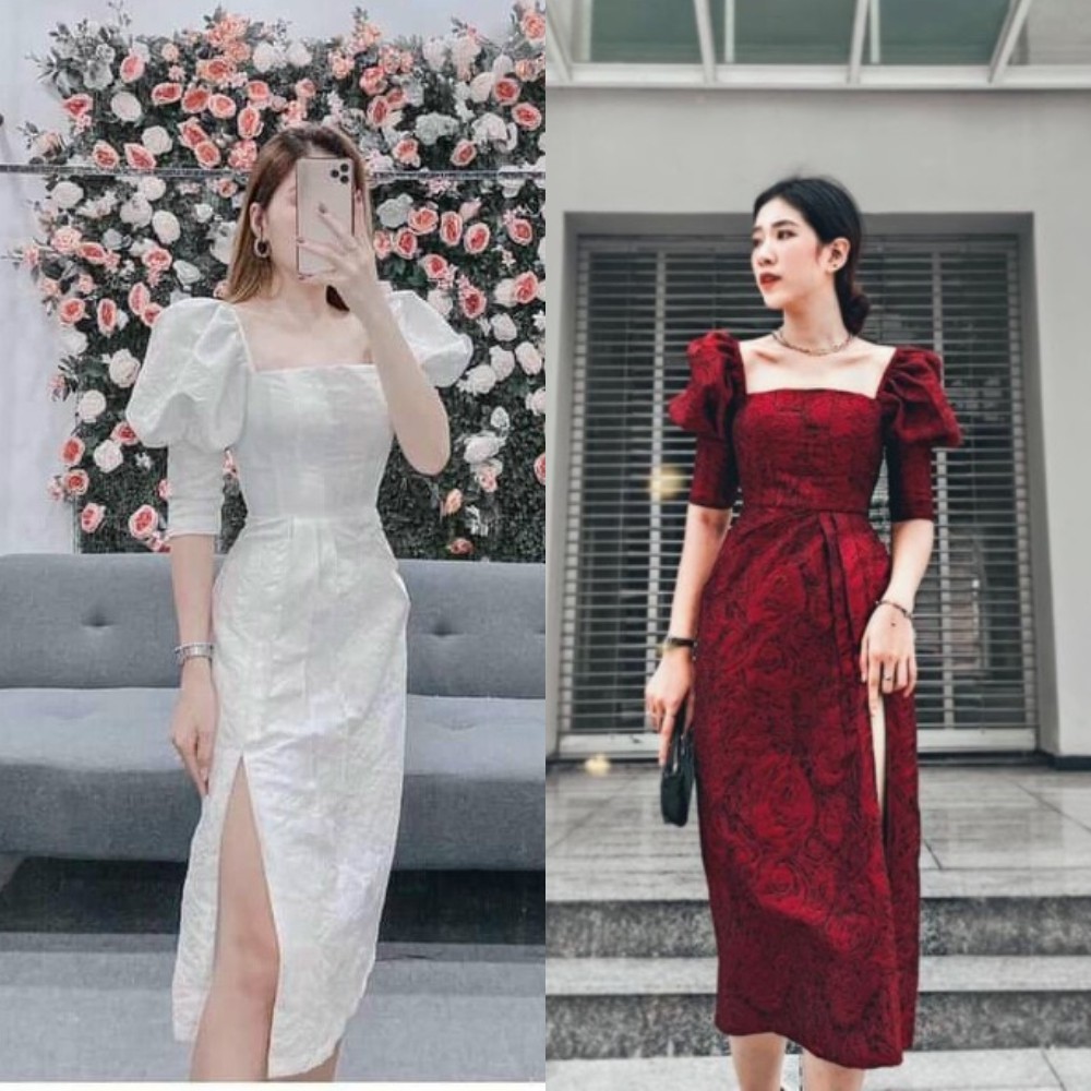 Đầm Dự Tiệc Đầm Thiết Kế Tay Phồng Xẻ Tà Chất Gấm Hoa Hồng Đẹp Xuất Sắc Hanaki HNK1005 | BigBuy360 - bigbuy360.vn