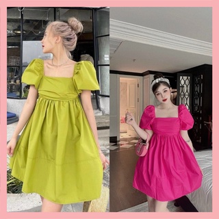 Váy tiểu thư tay bồng màu xanh hot trend váy bánh bèo lưng chun thắt nơ siêu xinh