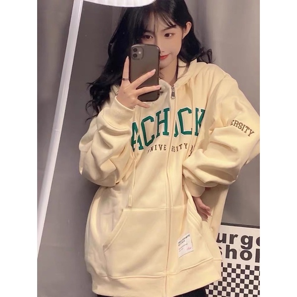 Áo Khoác Jacket Hoodie Zip Màu Kem Nude Chữ Thêu Oversize Nam Nữ