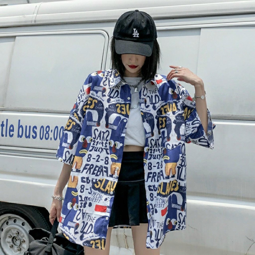 Áo sơ mi unisex chiffon tay ngắn hoạ tiết hoạt hình thời trang ngày thường cá tính vải mềm mịn thoải mái có thể mặc cặp