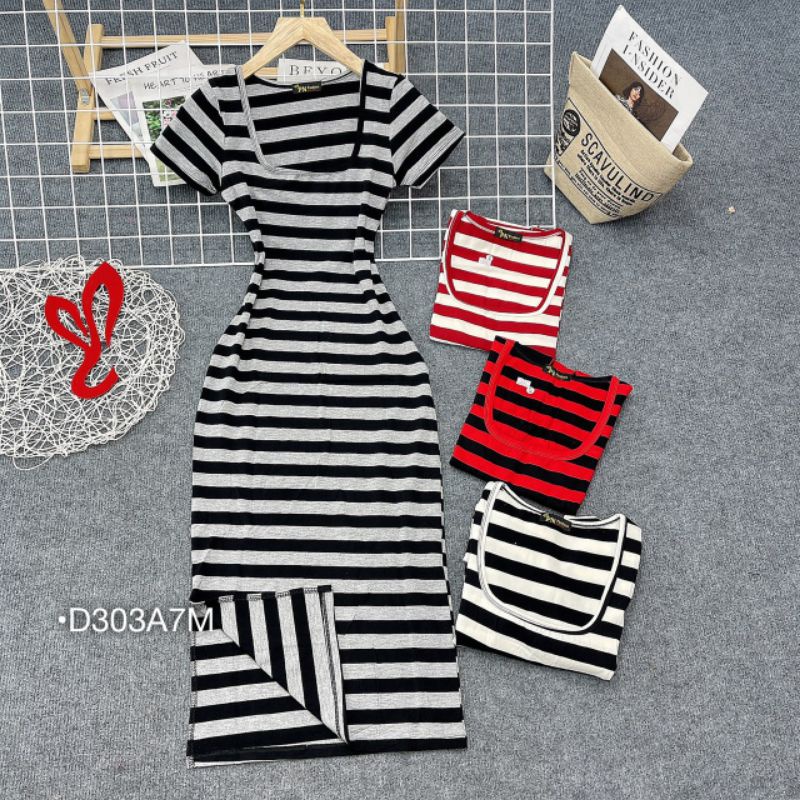 Đầm Maxi Thun Nữ Họa Tiết, Váy Body Sọc Cổ Chữ U Thiết Kế Dáng Dài Xẻ Tà Ôm Chuẩn Thun Cotton Sọc Dày Dặn