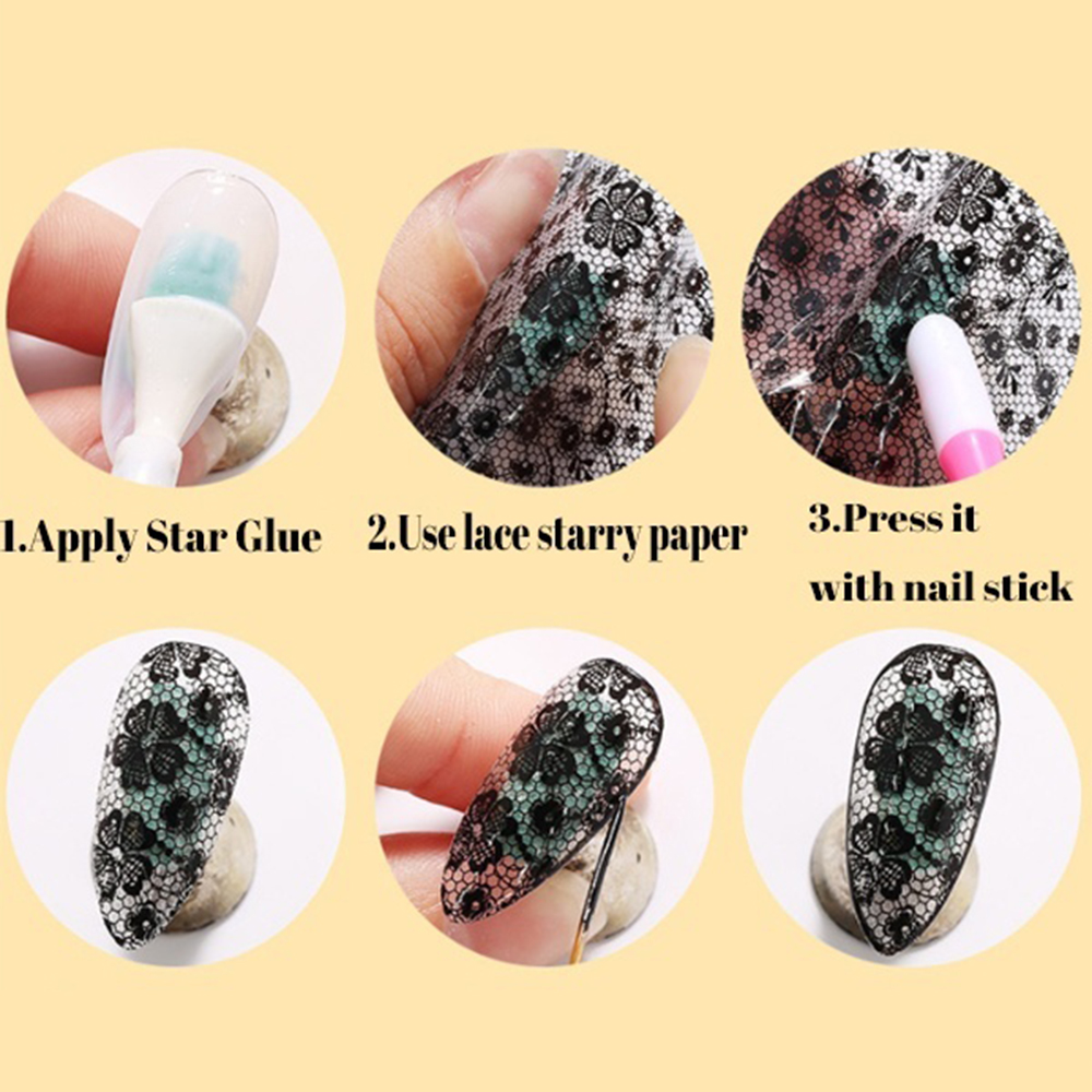 [Hàng mới về] Bộ 16 miếng dán trang trí móng tay họa tiết ren hoa trắng đen độc đáo