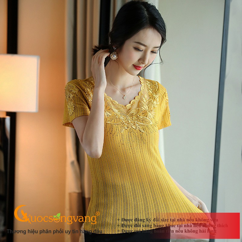 Áo thun nữ kiểu màu vàng áo thun thêu đính đá GLA263 Cuocsongvang