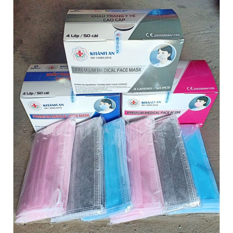 Giá sỉ thùng 50 hộp  khẩu trang y tế 4 lớp khánh an màu xanh (được mix màu theo yêu cầu của khach :màu xanh, xám, hồng)