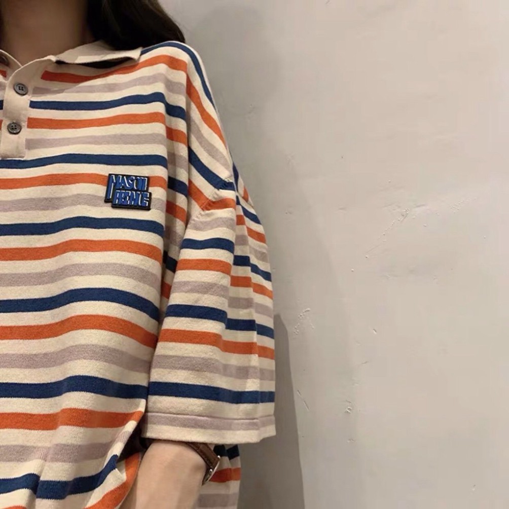 Áo Phông Polo Kẻ Sọc Hồng Unisex 🦋 Áo Thun Cổ Bẻ Tay Lỡ Dáng Rộng
