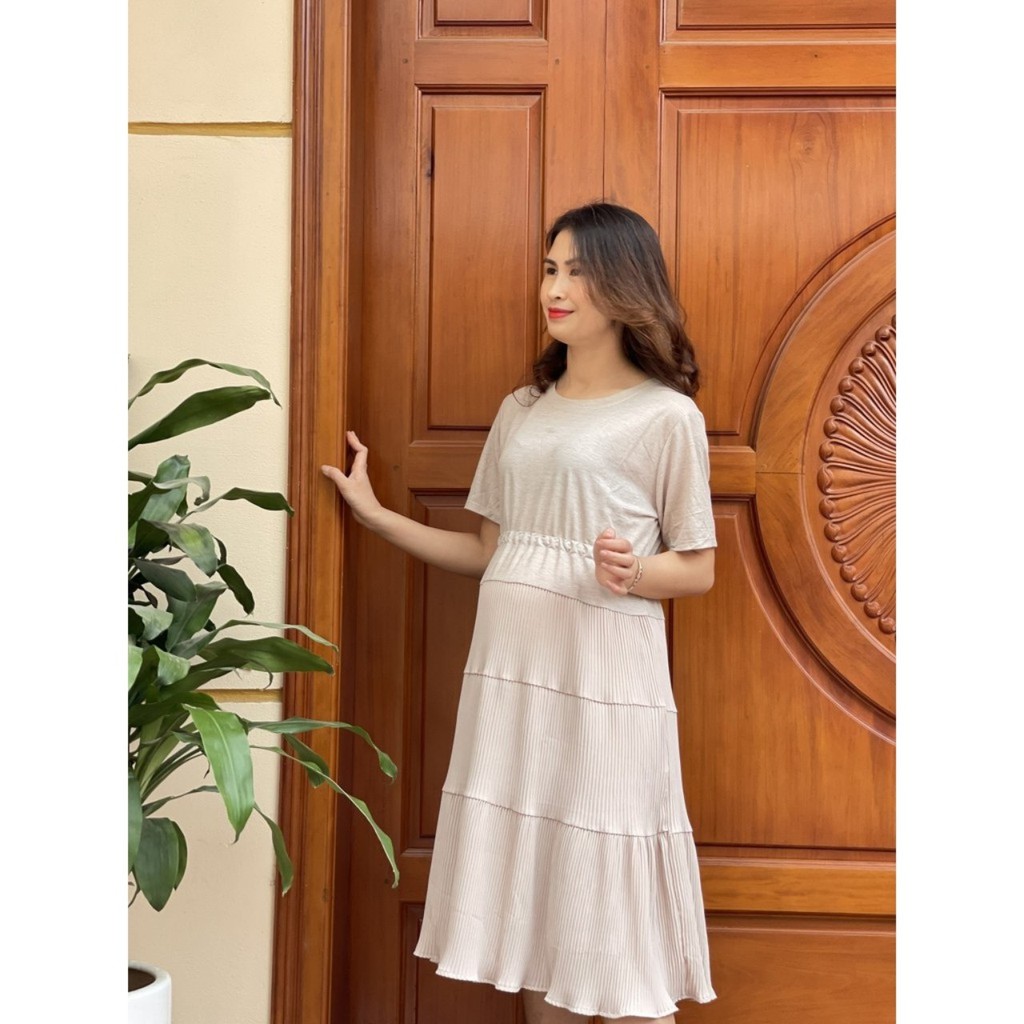 Váy bầu thời trang sang chảnh chất cotton pha von thấm hút mồ hôi, tôn dáng V220