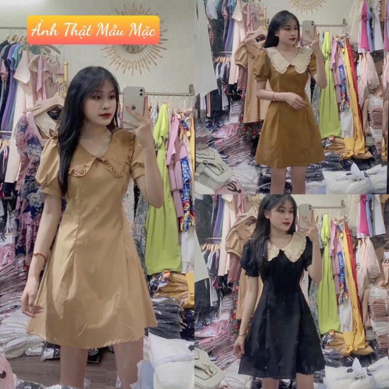 Váy Cổ Sen Bèo 3 Màu Tay Cộc Dáng Suông Tay Bồng Cổ Bèo