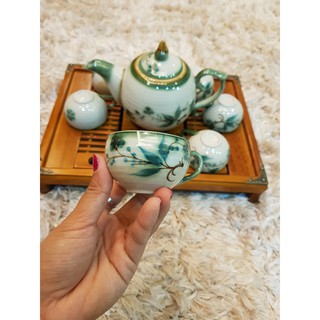 COMBO Bộ Ấm Chén MEN VẼ + KHAY GỖ BỌC ĐỒNG
