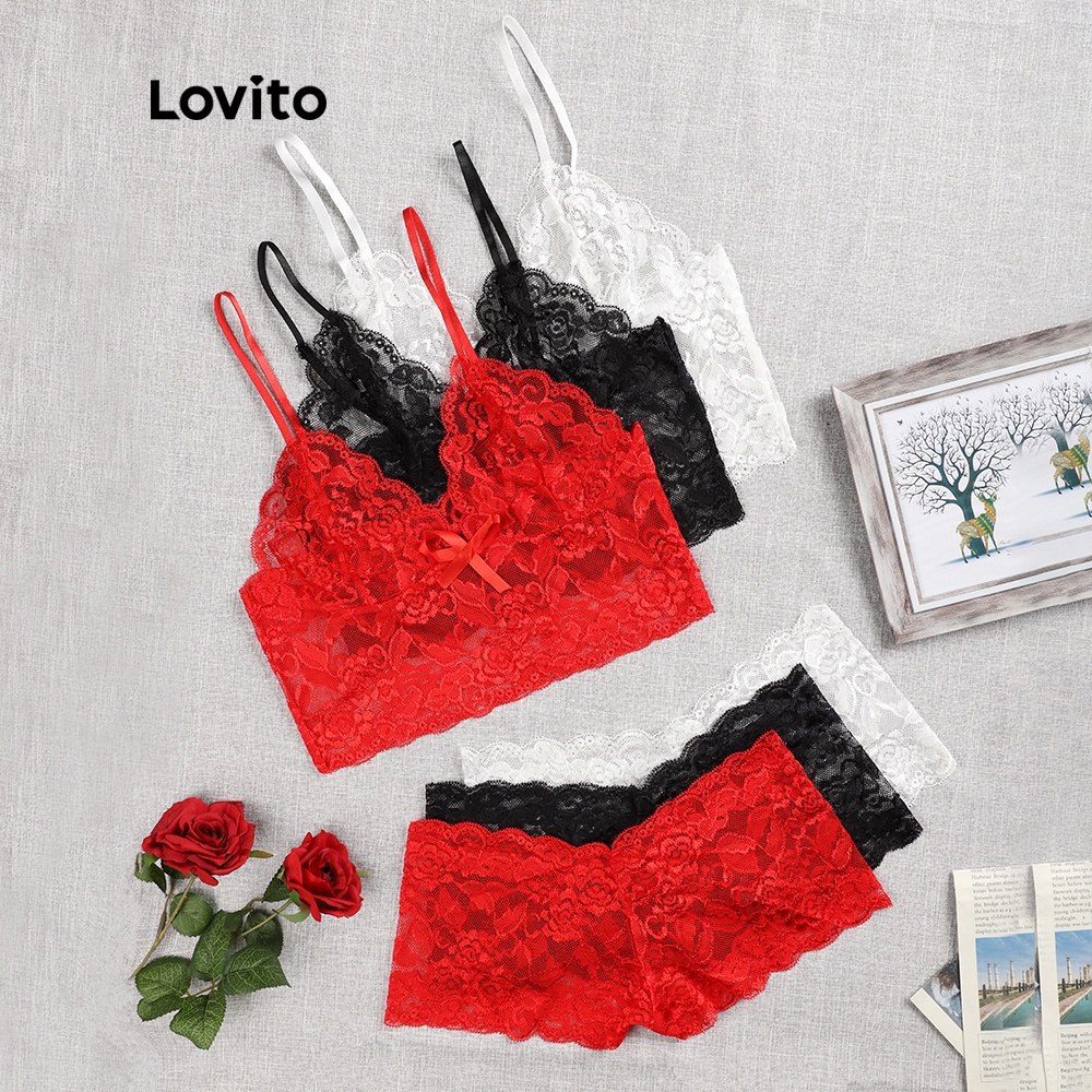 Set áo ngực Lovito không co giãn phối ren sexy L00306 (đỏ/đen)