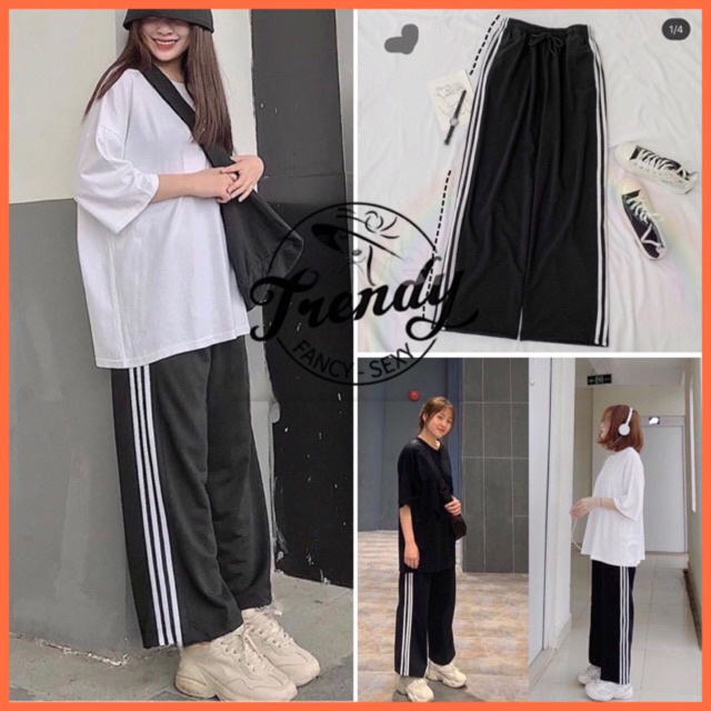 Quần thể thao 3 sọc ống rộng phong cách Unisex Quần thun dáng dài thể thao phong cách Ulzzang Hàn Quốc mix gì cũng xinh
