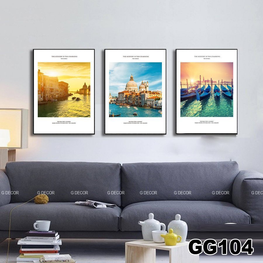 Tranh treo tường canvas khung gỗ 3 bức phong cách hiện đại Bắc Âu tranh phong cảnh trang trí phòng khách phòng ngủ 142