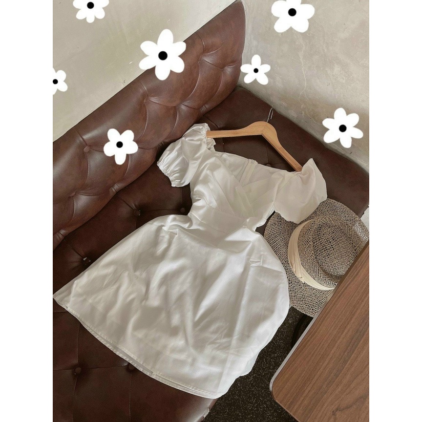 ĐẦM TRẮNG CHÉO CỔ V TAY PHỒNG VIBED