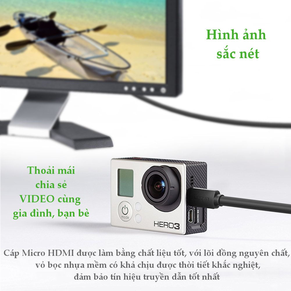 Cáp chuyển đổi micro HDMI đực sang HDMI cái dài 20cm UGREEN 20134 (màu đen)