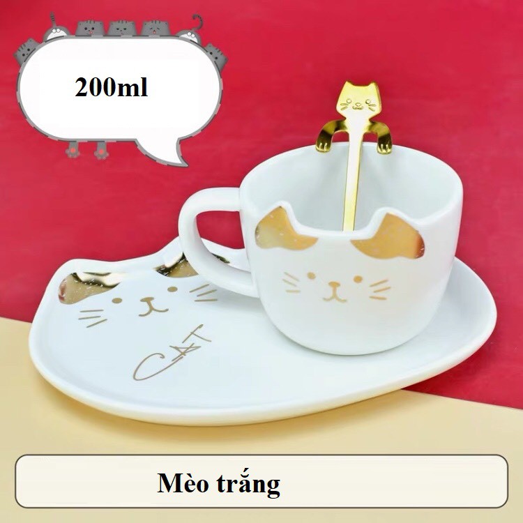 Set cốc đĩa thìa uống cà phê mèo tai vàng dễ thương, tách uống trà:1.5.13