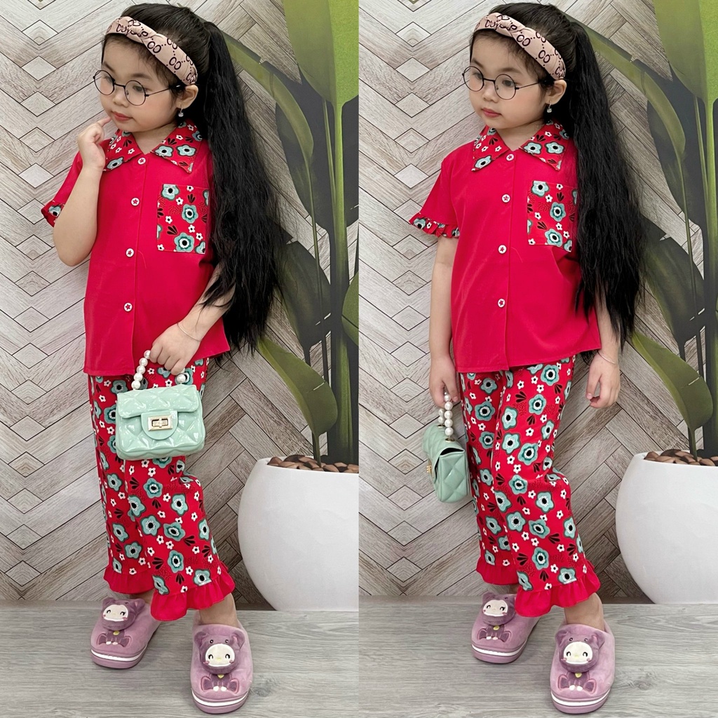 T240 Bộ pijama bé gái tay ngắn quần dài mặc nhà hoạt hình thú dễ thương 11 22kg