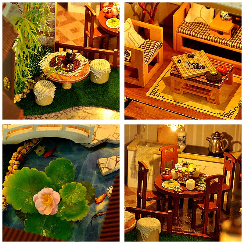 Mô hình nhà DIY Doll House A Cozy Little Courtyard Kèm Mica Chống bụi, Bộ dụng cụ, Keo dán và Bộ phát nhạc