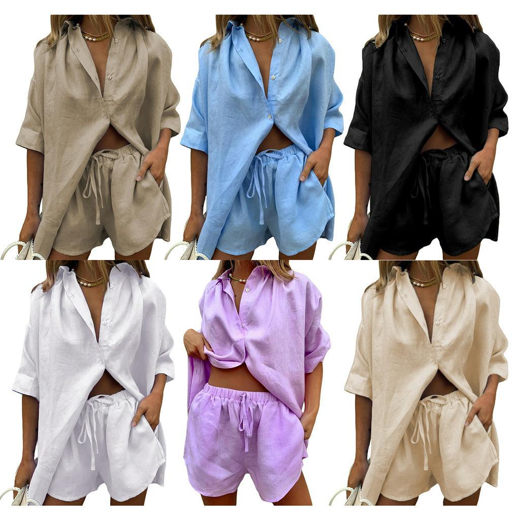 Bộ Áo Sơ Mi Tay Lỡ 3 / 4 Cài Nút + Quần Short Dây Rút Màu Trơn Thời Trang Mùa Hè Cho Nữ CY03