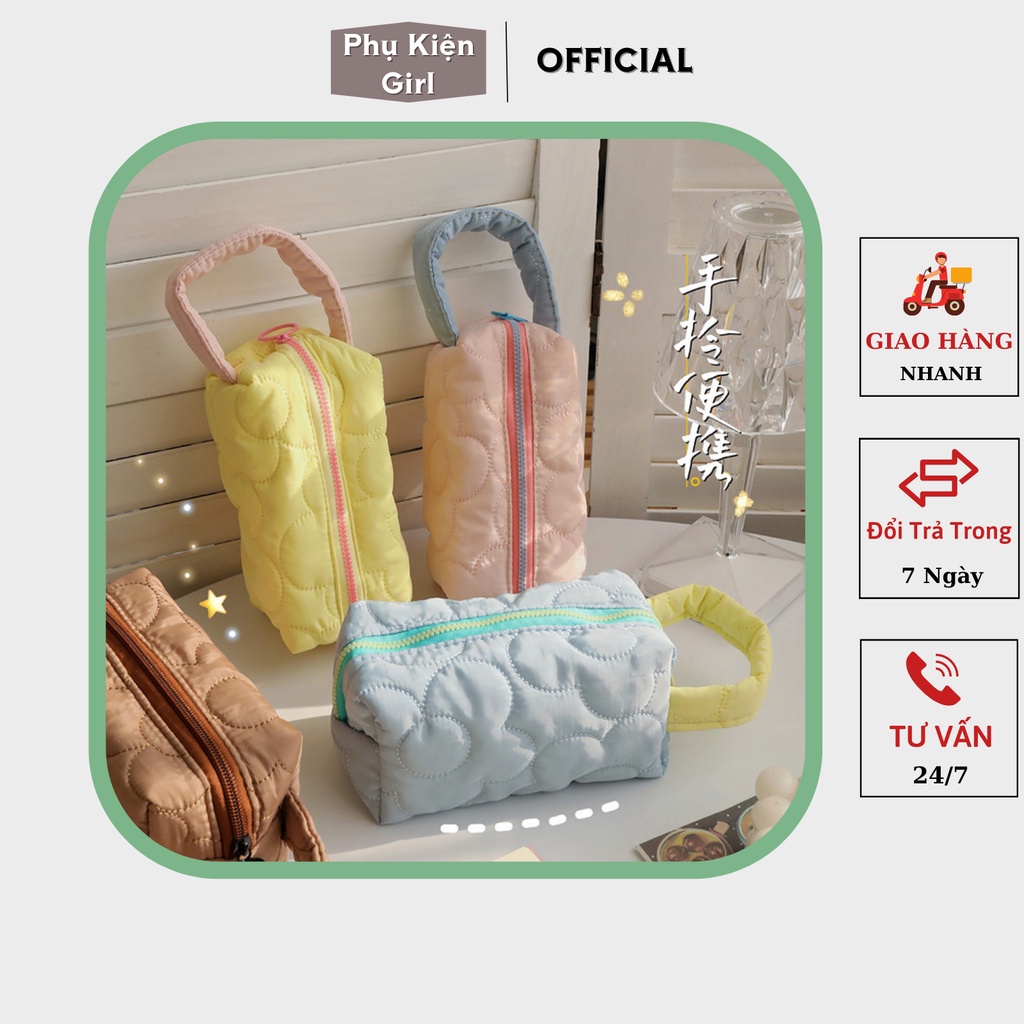 Túi đựng mỹ phẩm, túi đựng bút, đồ trang điểm, đồ makeup Phụ Kiện Girl chần bông hoa màu kẹo hàn quốc dễ thương