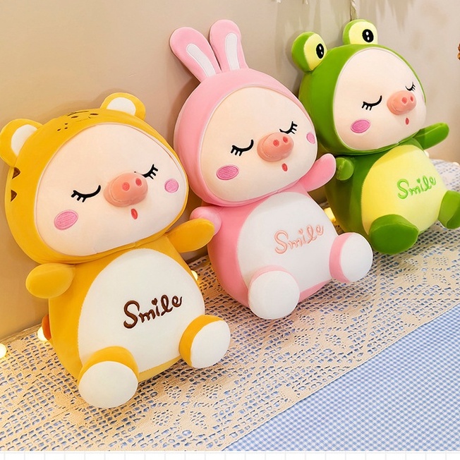 Gấu Bông Heo Smile Nhắm Mắt, Heo Bông Cosplay Con Ếch, Con Thỏ, Con Cọp Cute
