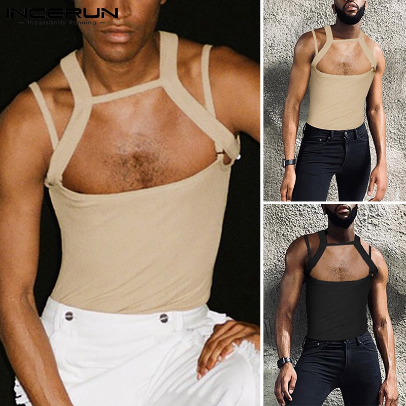 Áo tanktop INCERUN dáng ôm phối dây màu trơn thiết kế rỗng quyến rũ cho nam