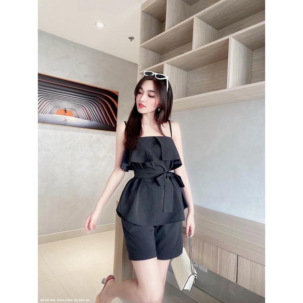(Có size lớn) Set bộ 2 dây kiểu dáng peplum thắt nơ eo phối quần short ngắn LỤA LINEN cho bạn nữ dạo phố