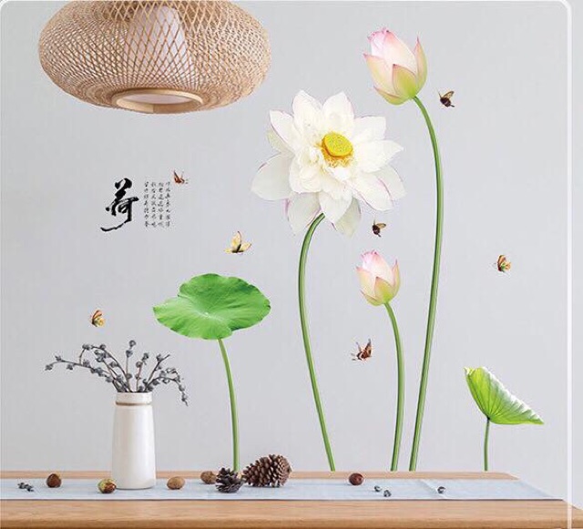 Decal dán tường hoa sen trắng 3 bông  - Tranh dán tường hoa sen trắng 3 bông