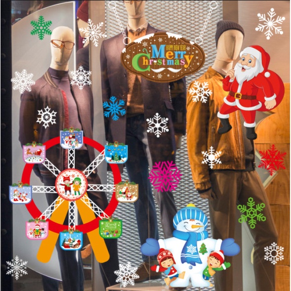 Decal dán tường Noel Hít Tĩnh Điện không Dơ Kính - Các bé vui chơi cùng người tuyết với Đu quay