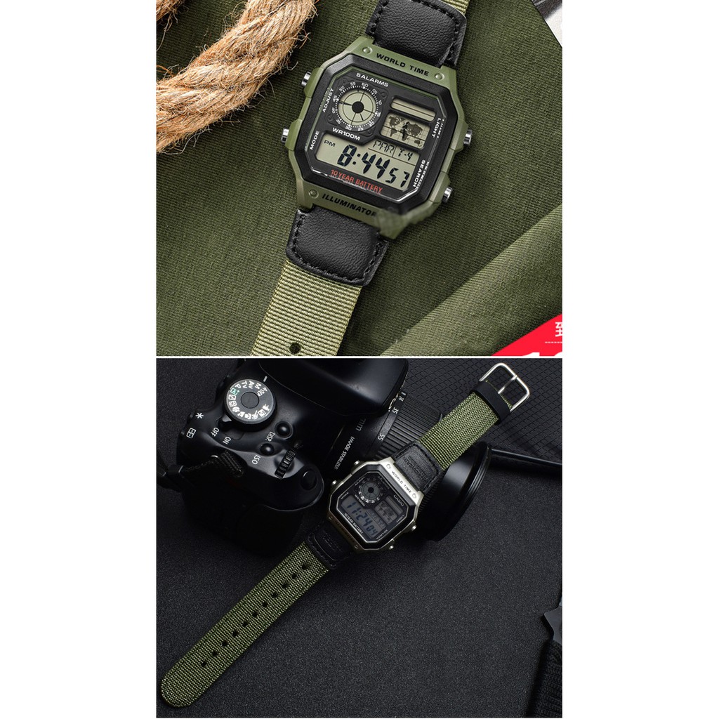 Dây đồng hồ vải dù canvas hai lớp Casio world time AE1200WH F91 điện tử xanh rêu và đen 18mm khóa gài kim loại