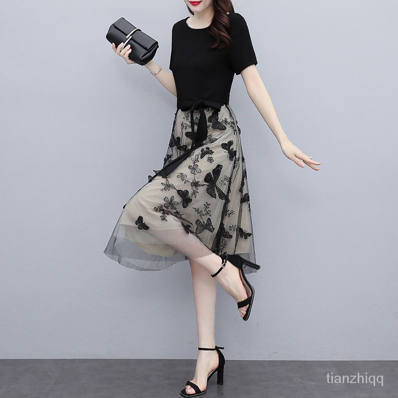 Đầm Tay Ngắn Phối Lưới Thêu Hoạ Tiết Đơn Giản Trẻ Trung Dành Cho Nữ