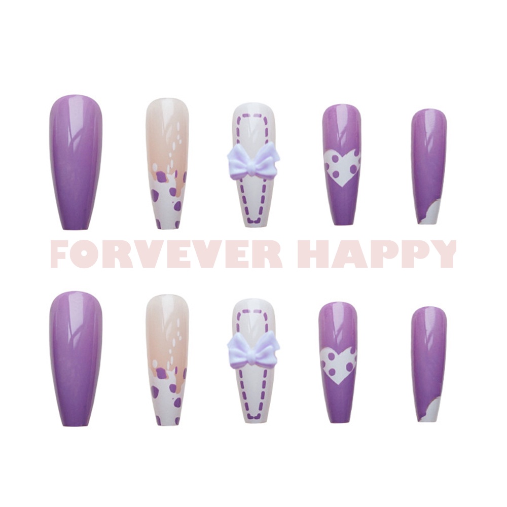 Bộ 24 Móng Tay Giả Dạng Nhấn Dài Màu Tím Kèm Keo Dán